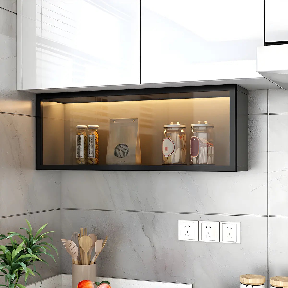 Wandkast Glas Deur Hout Wit Grijs 5 Maten LED Keuken Woonkamer Vitrinekast | Restfield